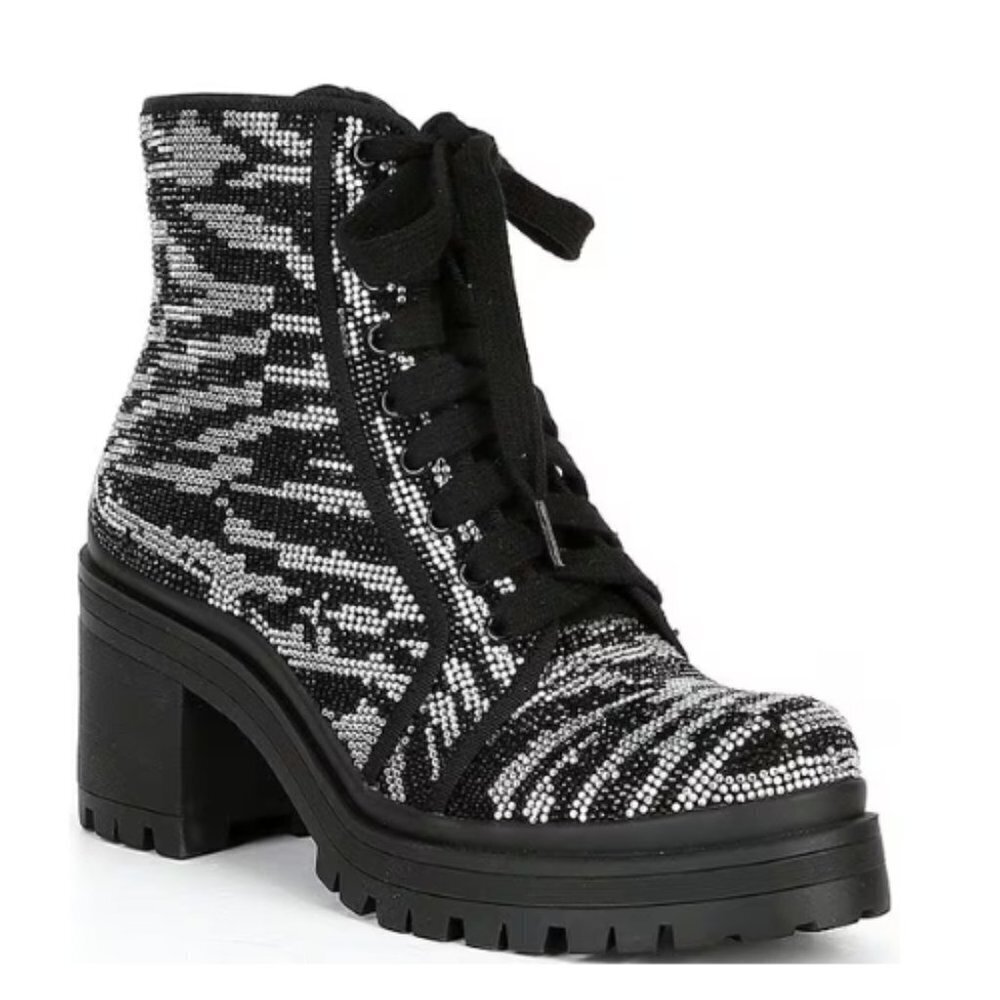 GB Gianni Bini Bright-Side Zebra Rhinestone Lug Sole Platform Combat Boots NEW